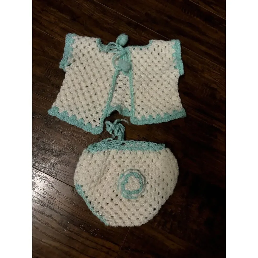 Handmade Crochet White Blue Baby Sweater And Bottoms 0-6 months Vintage